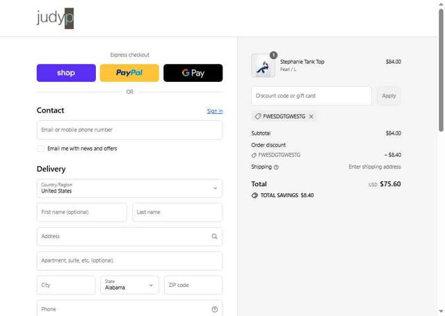 JudyP Apparel checkout page showing JudyP Apparel promo code box | Screenshot taken by SimplyCodes community member on Sep 14, 2025