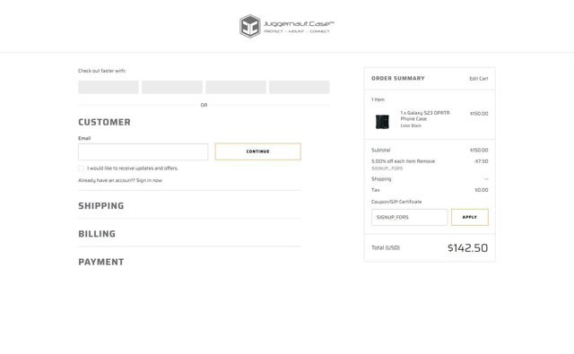 Juggernaut Case checkout page showing Juggernaut Case discount code box | Screenshot taken by SimplyCodes community member on Jul 16, 2025