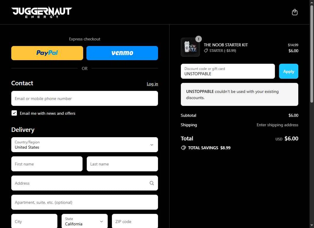 Juggernaut Tactical checkout page showing Juggernaut Tactical discount code box | Screenshot taken by SimplyCodes community member on Aug 19, 2025