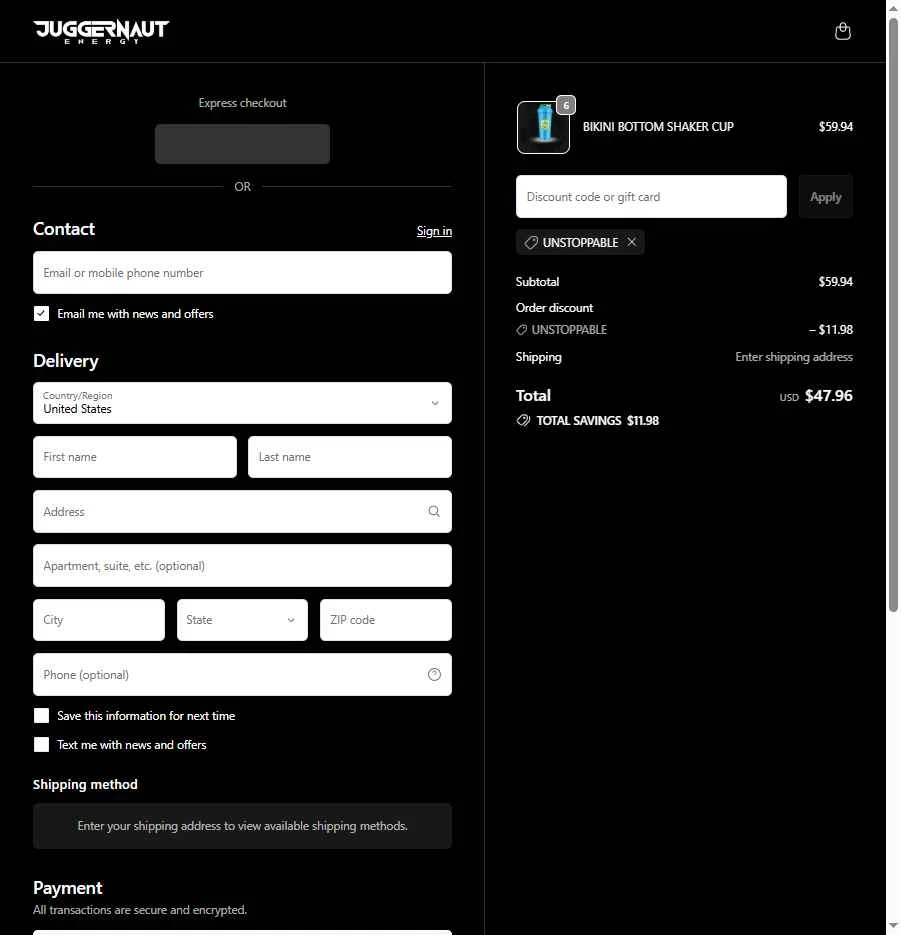 Juggernaut Tactical checkout page showing Juggernaut Tactical discount code box | Screenshot taken by SimplyCodes community member on Sep 22, 2025