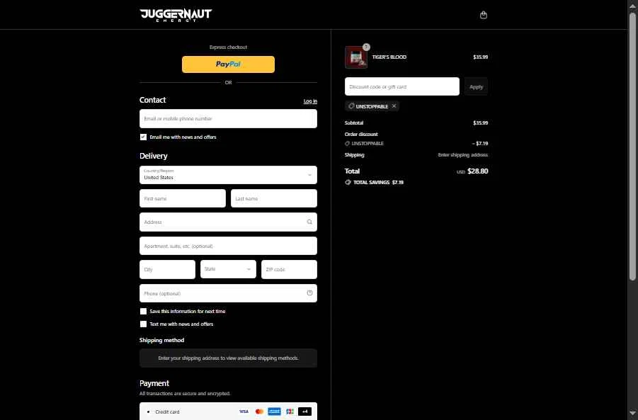 Juggernaut Tactical checkout page showing Juggernaut Tactical discount code box | Screenshot taken by SimplyCodes community member on Aug 29, 2025