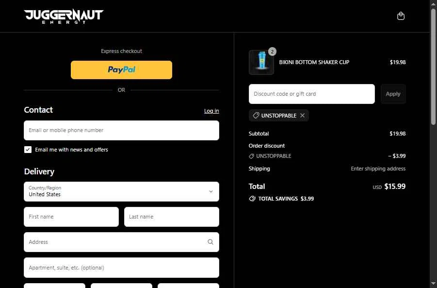 Juggernaut Tactical checkout page showing Juggernaut Tactical discount code box | Screenshot taken by SimplyCodes community member on Aug 20, 2025