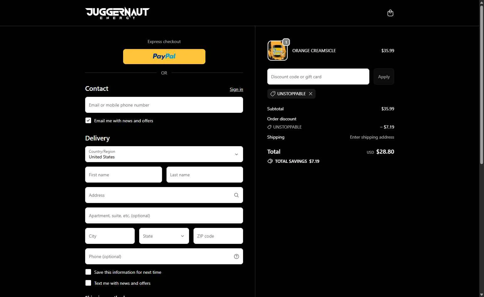 Juggernaut Tactical checkout page showing Juggernaut Tactical discount code box | Screenshot taken by SimplyCodes community member on Sep 19, 2025