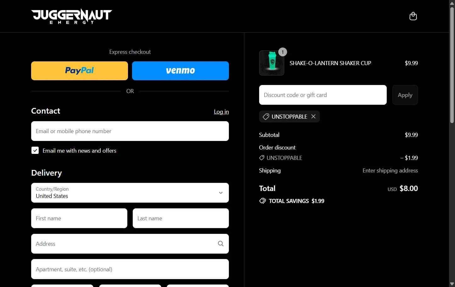 Juggernaut Tactical checkout page showing Juggernaut Tactical discount code box | Screenshot taken by SimplyCodes community member on Sep 3, 2025