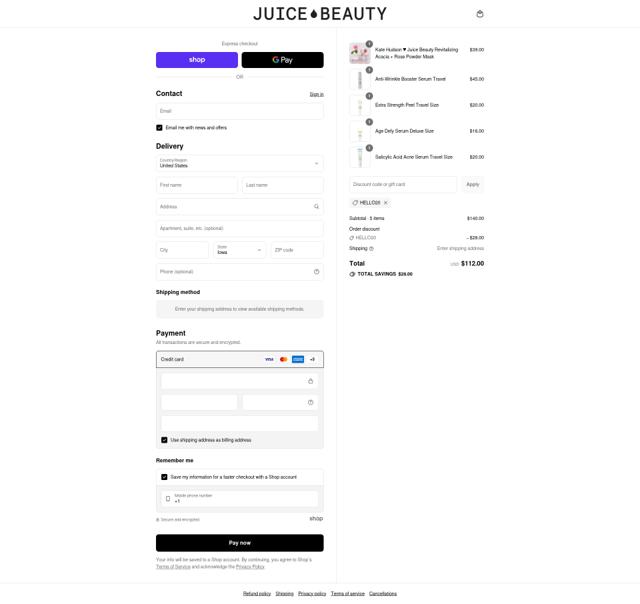 Juice Beauty checkout page showing Juice Beauty promo code box | Screenshot taken by SimplyCodes community member on Sep 13, 2025
