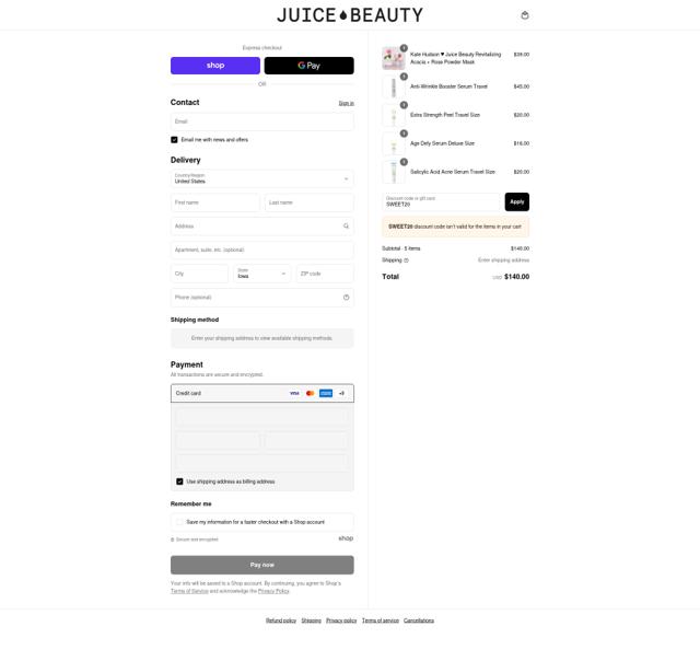 Juice Beauty checkout page showing Juice Beauty promo code box | Screenshot taken by SimplyCodes community member on Sep 13, 2025