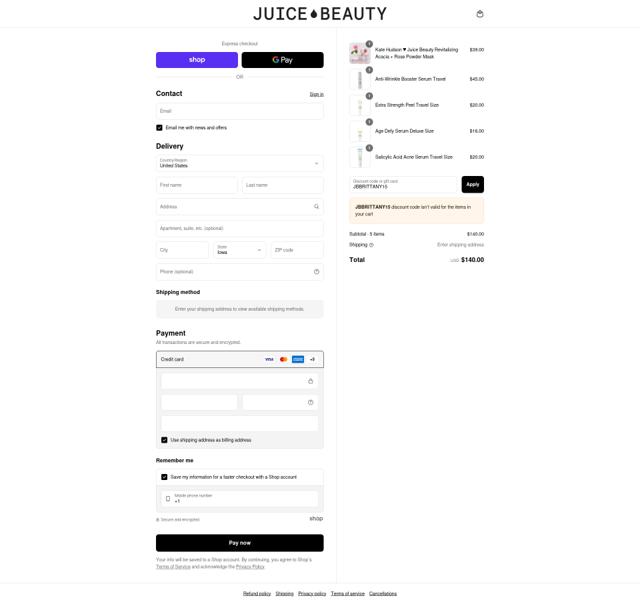 Juice Beauty checkout page showing Juice Beauty promo code box | Screenshot taken by SimplyCodes community member on Sep 13, 2025