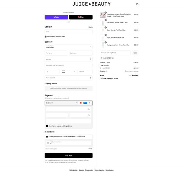 Juice Beauty checkout page showing Juice Beauty promo code box | Screenshot taken by SimplyCodes community member on Sep 13, 2025