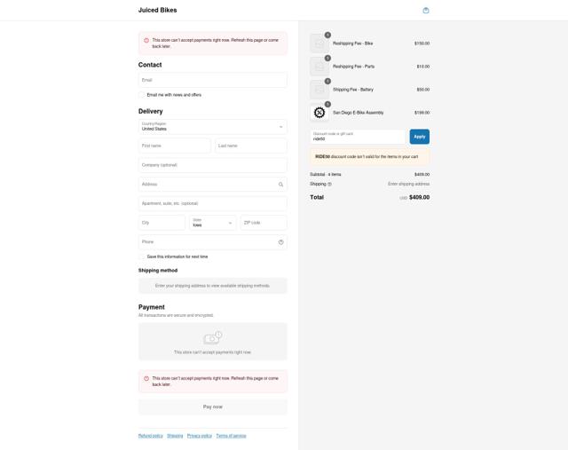 Juiced Bikes checkout page showing Juiced Bikes discount code box | Screenshot taken by SimplyCodes community member on Aug 11, 2025