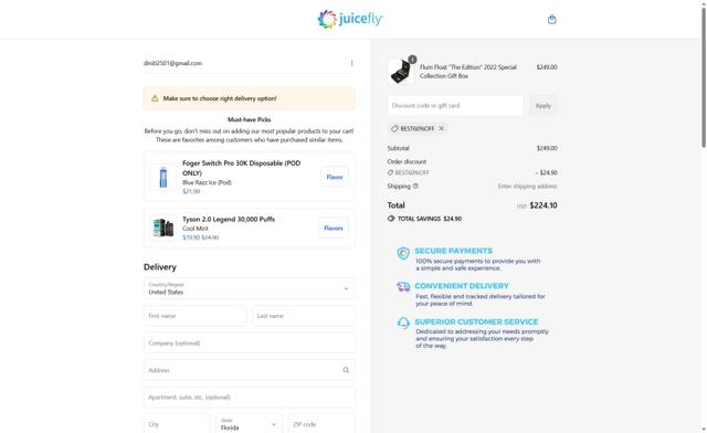Juicefly checkout page showing Juicefly discount code box | Screenshot taken by SimplyCodes community member on Sep 6, 2025