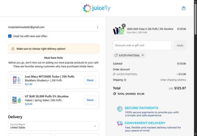 Juicefly checkout page showing Juicefly discount code box | Screenshot taken by SimplyCodes community member on Sep 7, 2025