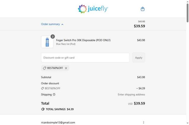 Juicefly checkout page showing Juicefly discount code box | Screenshot taken by SimplyCodes community member on Sep 6, 2025