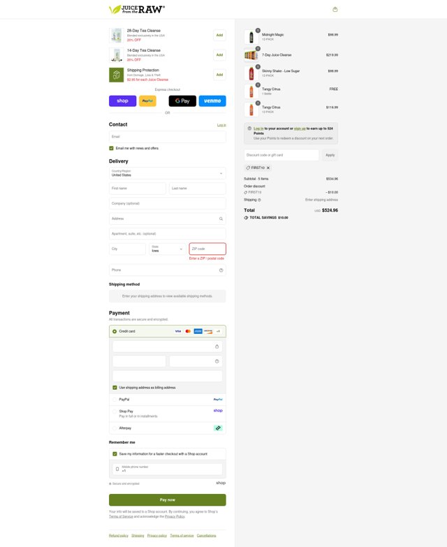 Juice From the RAW checkout page showing Juice From the RAW coupon code box | Screenshot taken by SimplyCodes community member on Sep 4, 2025