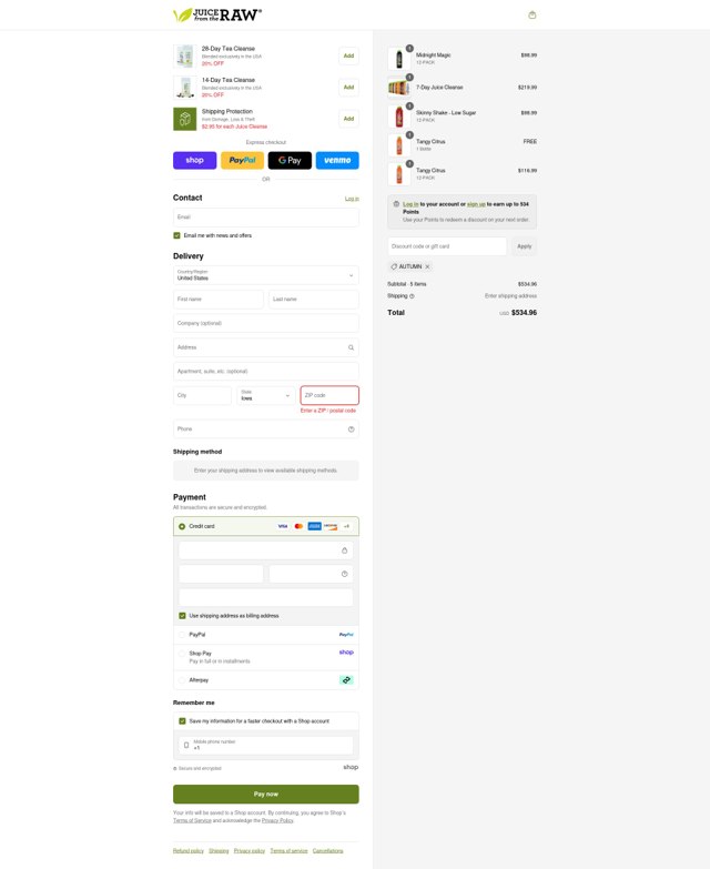 Juice From the RAW checkout page showing Juice From the RAW coupon code box | Screenshot taken by SimplyCodes community member on Sep 4, 2025