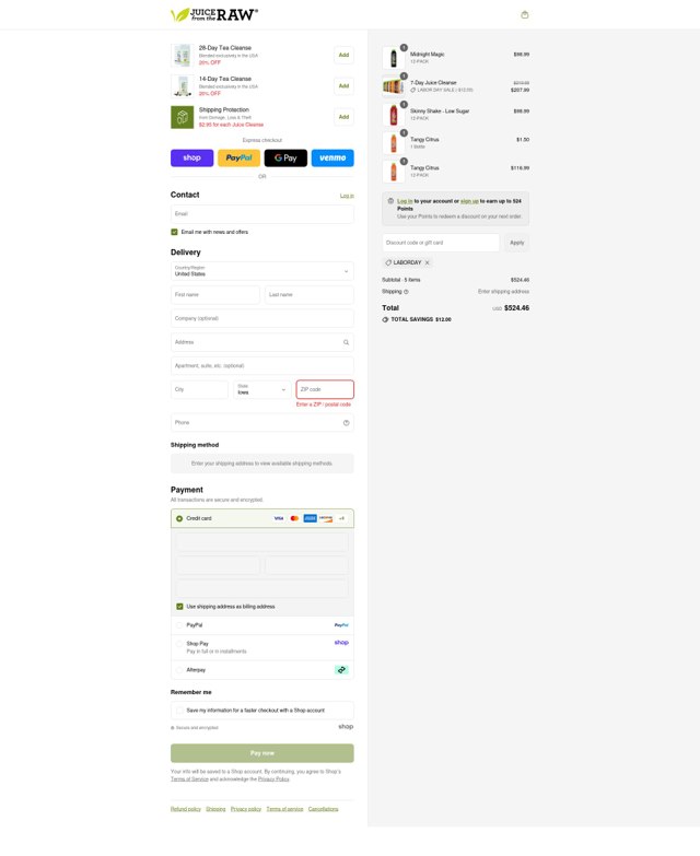 Juice From the RAW checkout page showing Juice From the RAW coupon code box | Screenshot taken by SimplyCodes community member on Aug 31, 2025