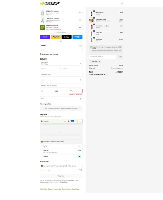 Juice From the RAW checkout page showing Juice From the RAW coupon code box | Screenshot taken by SimplyCodes community member on Sep 4, 2025