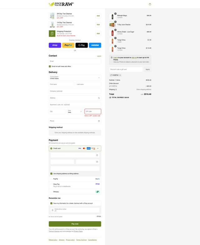 Juice From the RAW checkout page showing Juice From the RAW coupon code box | Screenshot taken by SimplyCodes community member on Aug 31, 2025