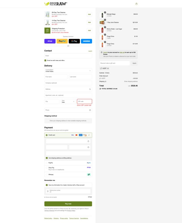 Juice From the RAW checkout page showing Juice From the RAW coupon code box | Screenshot taken by SimplyCodes community member on Aug 31, 2025