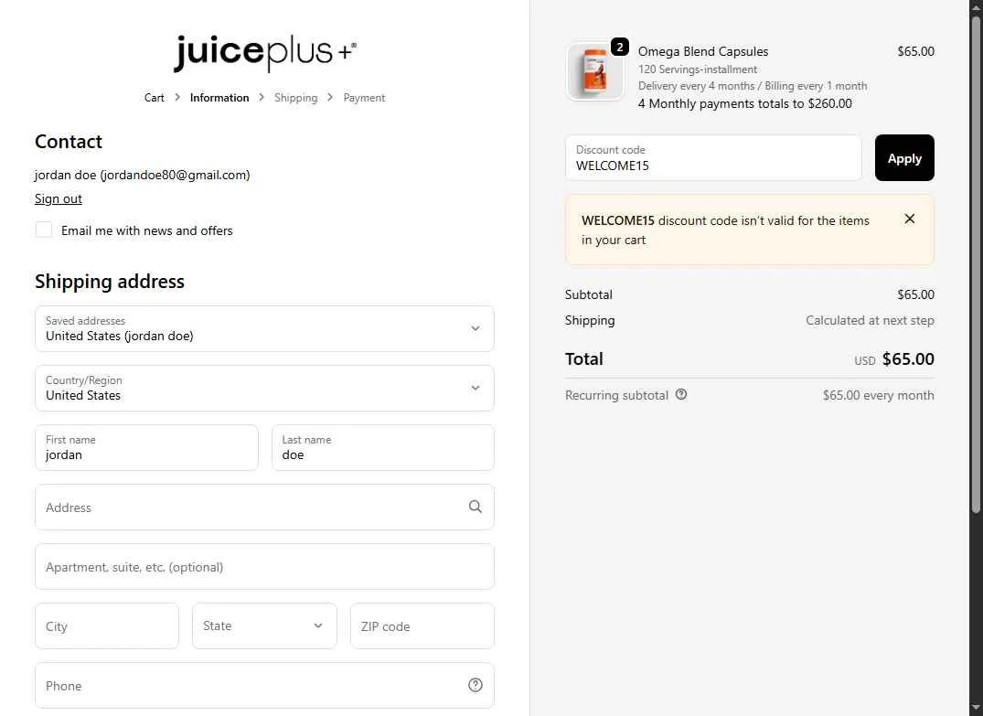 Juice Plus checkout page showing Juice Plus discount code box | Screenshot taken by SimplyCodes community member on Oct 26, 2025