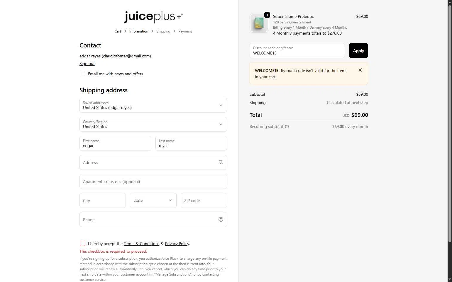Juice Plus checkout page showing Juice Plus discount code box | Screenshot taken by SimplyCodes community member on Nov 2, 2025