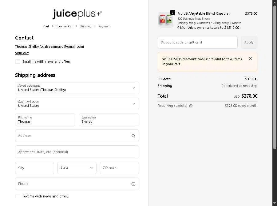 Juice Plus checkout page showing Juice Plus discount code box | Screenshot taken by SimplyCodes community member on Jan 1, 2026
