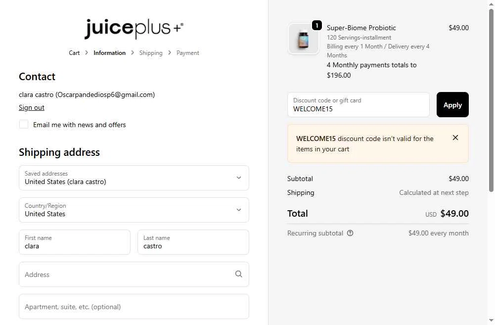 Juice Plus checkout page showing Juice Plus discount code box | Screenshot taken by SimplyCodes community member on Nov 16, 2025
