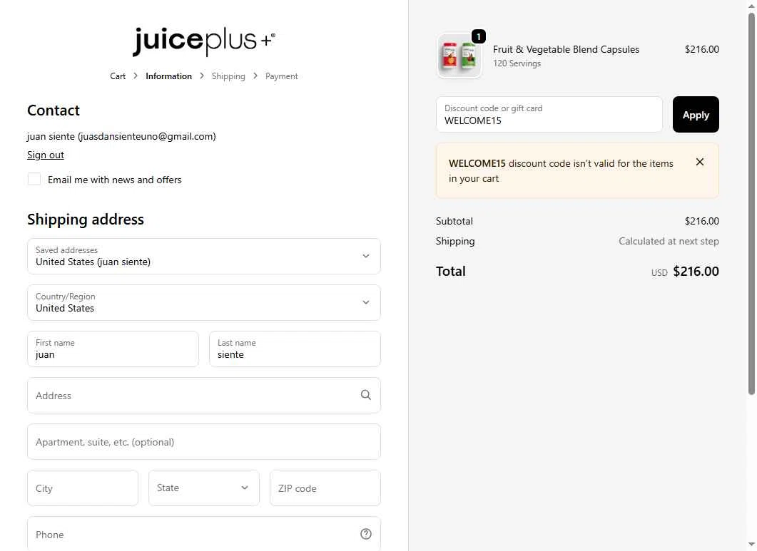 Juice Plus checkout page showing Juice Plus discount code box | Screenshot taken by SimplyCodes community member on Nov 12, 2025