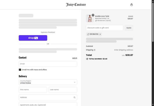 Juicy Couture checkout page showing Juicy Couture discount code box | Screenshot taken by SimplyCodes community member on Aug 27, 2025