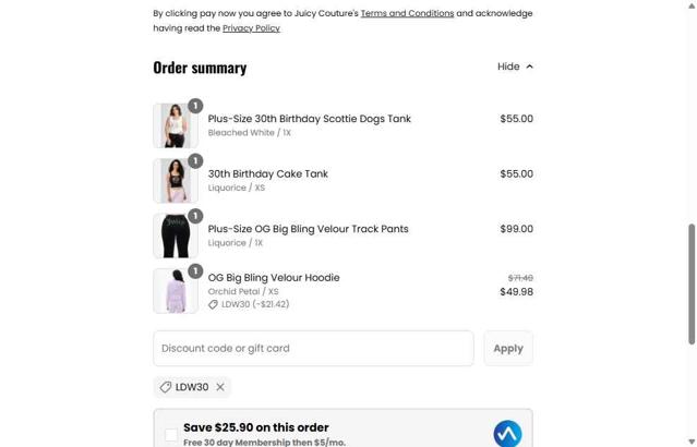 Juicy Couture checkout page showing Juicy Couture discount code box | Screenshot taken by SimplyCodes community member on Aug 27, 2025