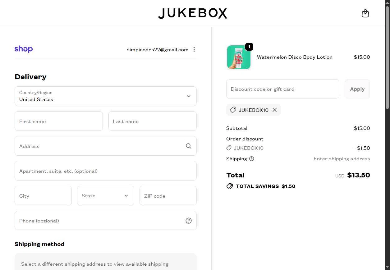 Jukebox checkout page showing Jukebox promo code box | Screenshot taken by SimplyCodes community member on Dec 25, 2025