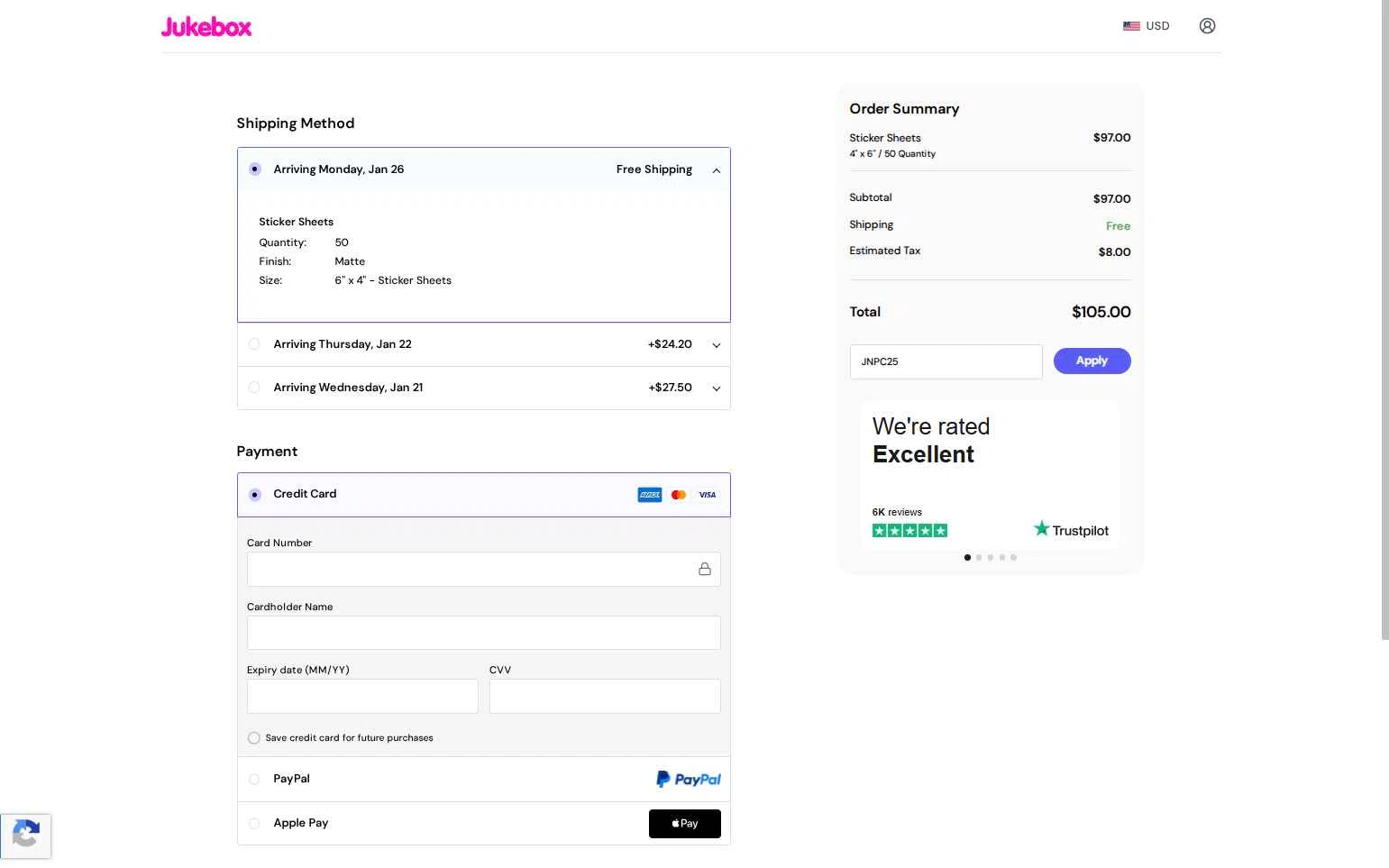 Jukebox Print checkout page showing Jukebox Print promo code box | Screenshot taken by SimplyCodes community member on Jan 16, 2026