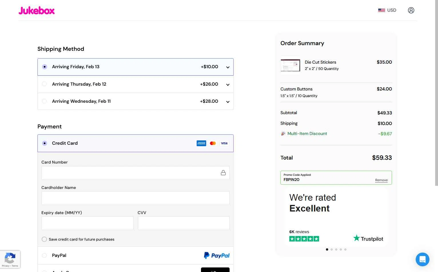 Jukebox Print checkout page showing Jukebox Print promo code box | Screenshot taken by SimplyCodes community member on Feb 7, 2026