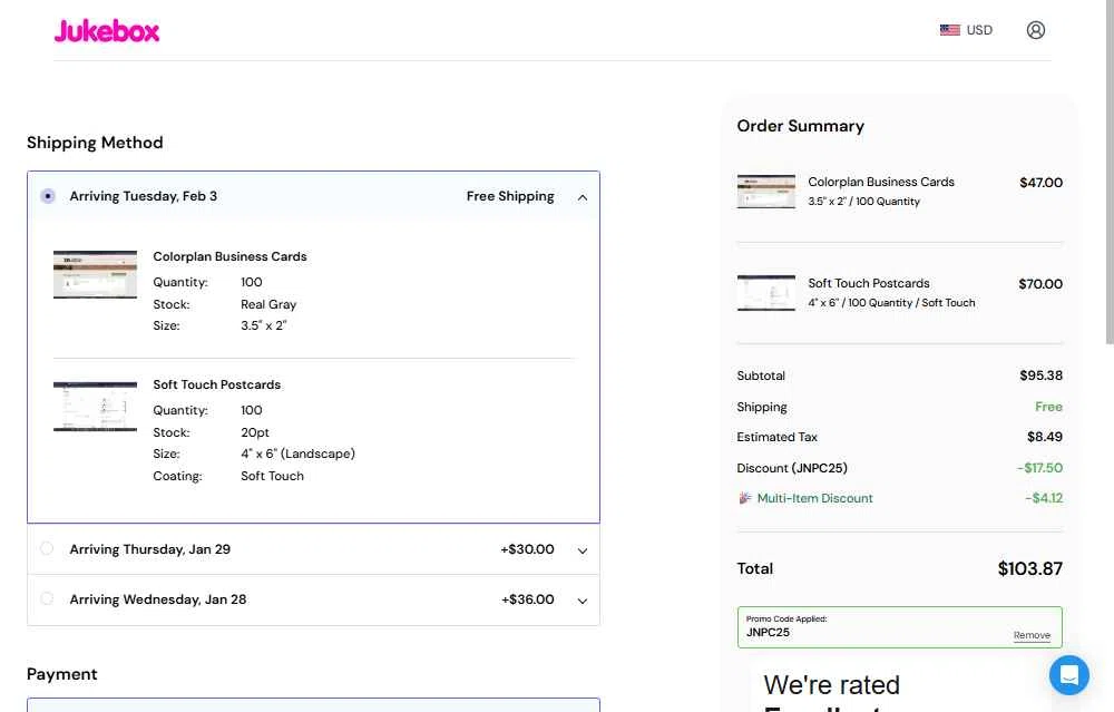 Jukebox Print checkout page showing Jukebox Print promo code box | Screenshot taken by SimplyCodes community member on Jan 23, 2026