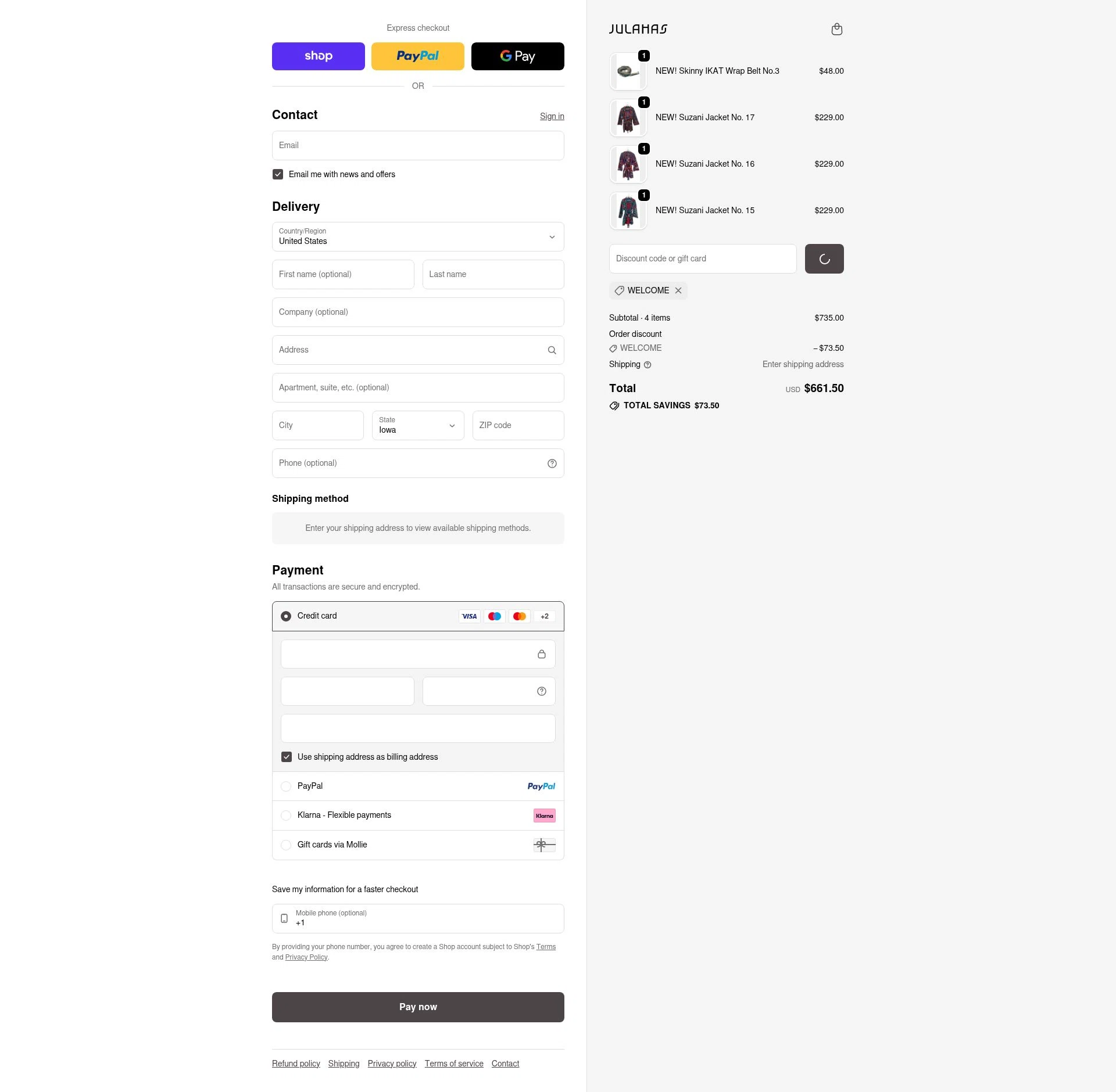 Julahas checkout page showing Julahas discount code box | Screenshot taken by SimplyCodes community member on Jan 31, 2026