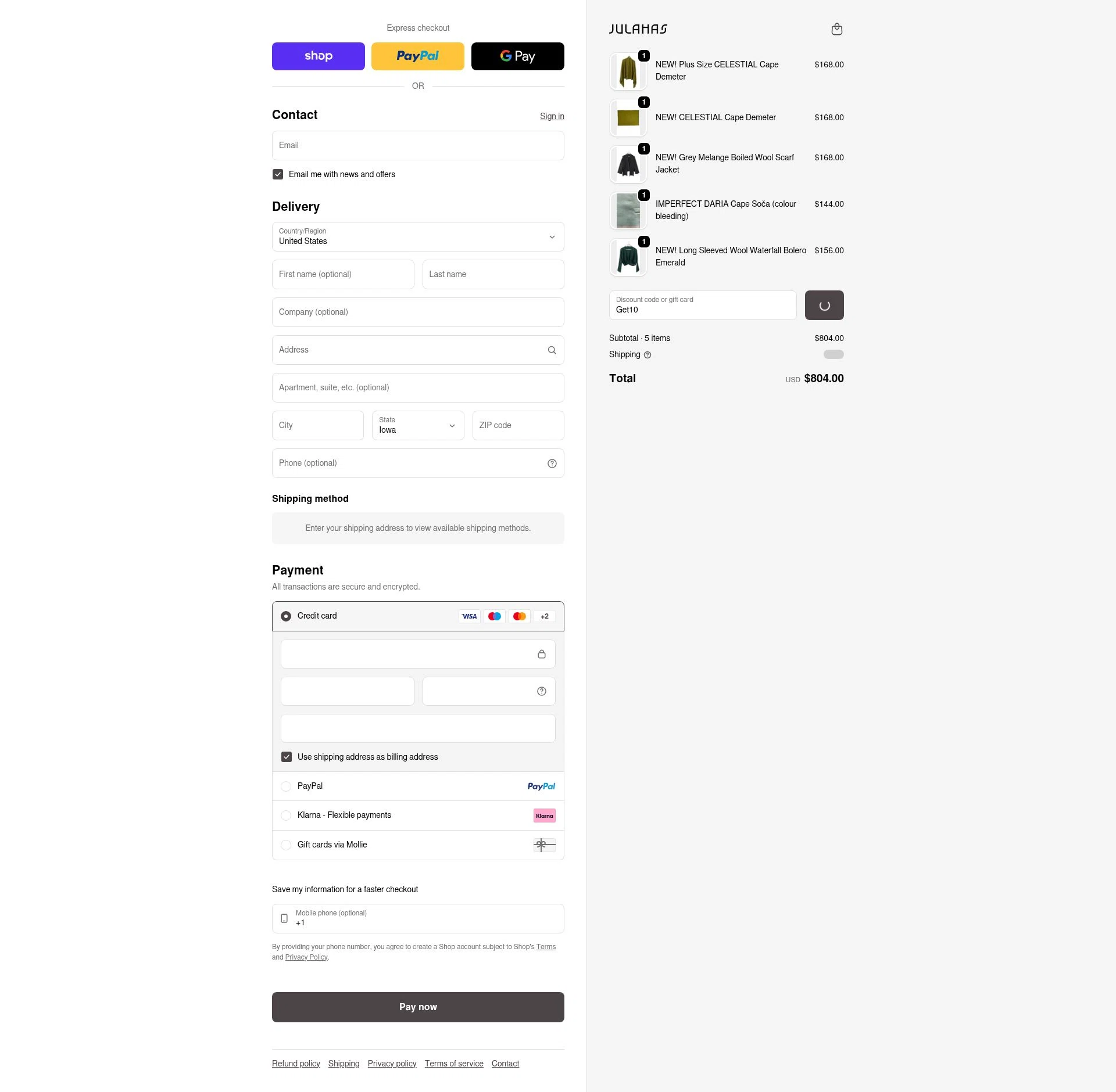Julahas checkout page showing Julahas discount code box | Screenshot taken by SimplyCodes community member on Feb 9, 2026