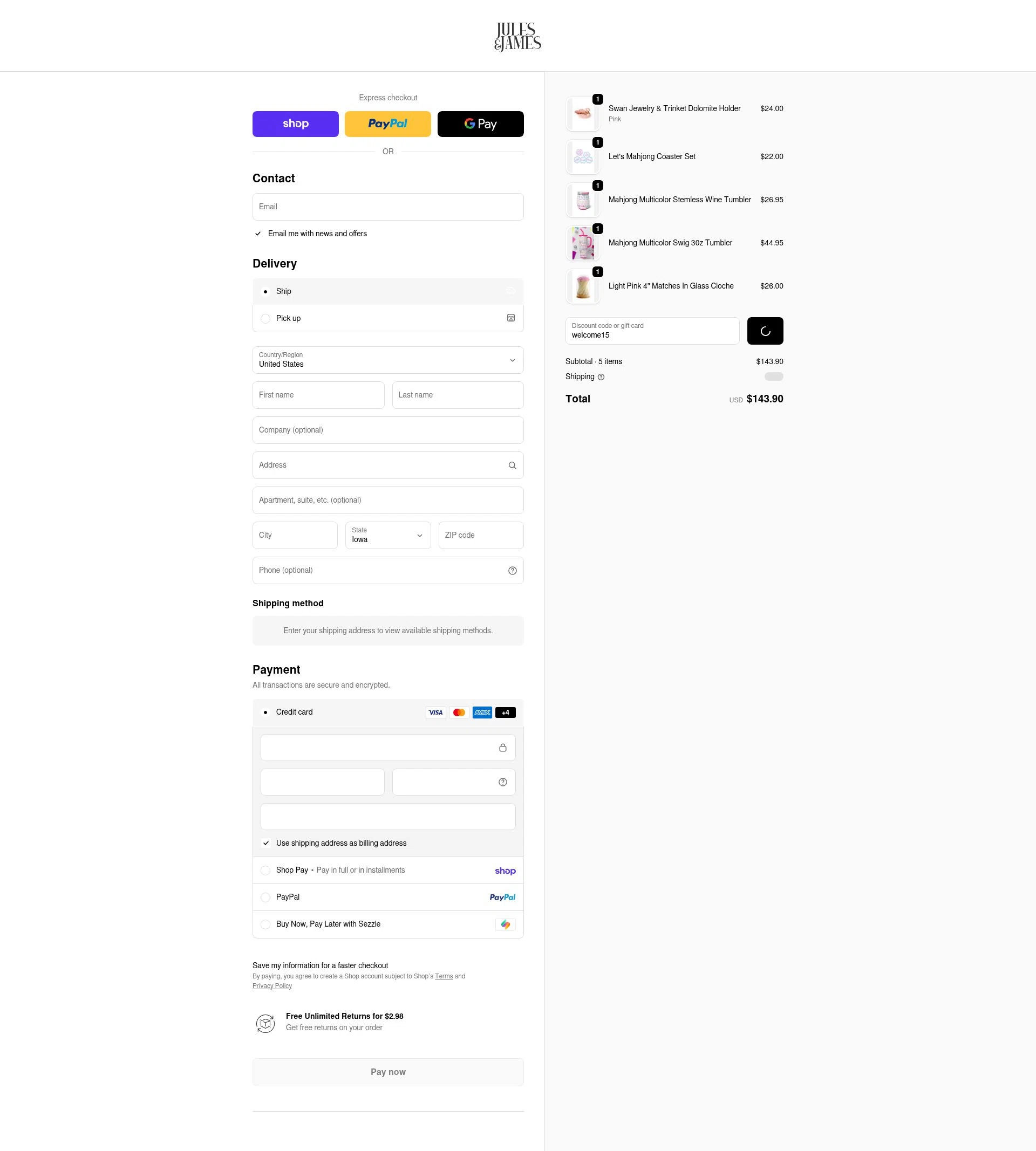Jules & James checkout page showing Jules & James promo code box | Screenshot taken by SimplyCodes community member on Feb 15, 2026