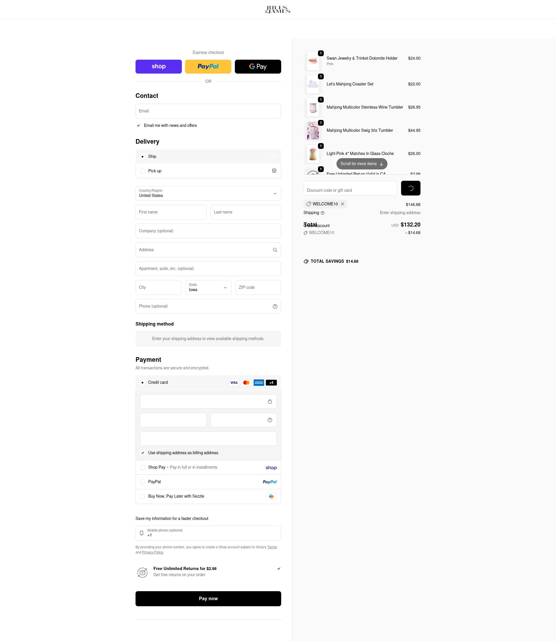 Jules & James checkout page showing Jules & James promo code box | Screenshot taken by SimplyCodes community member on Feb 19, 2026