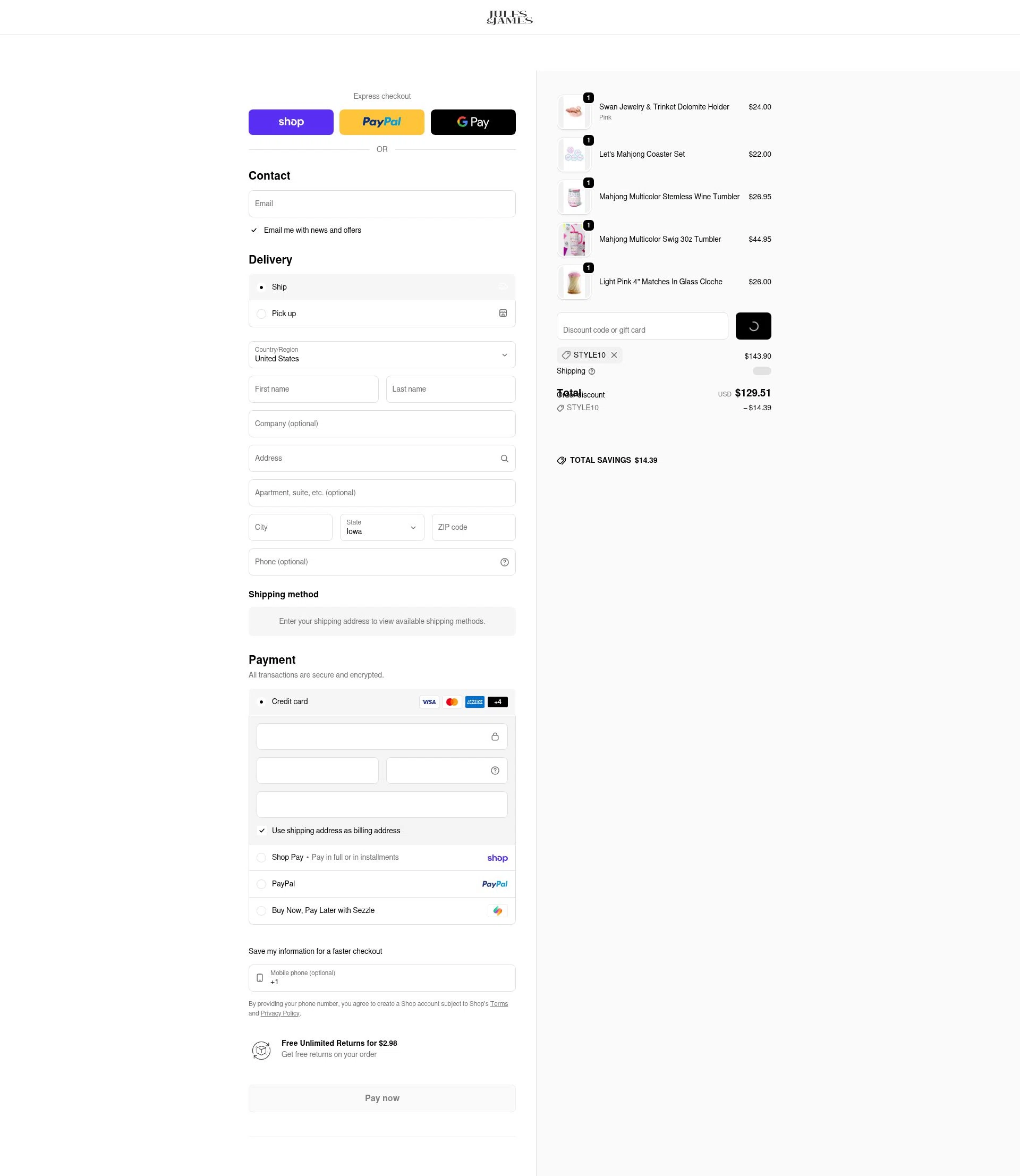 Jules & James checkout page showing Jules & James promo code box | Screenshot taken by SimplyCodes community member on Feb 19, 2026