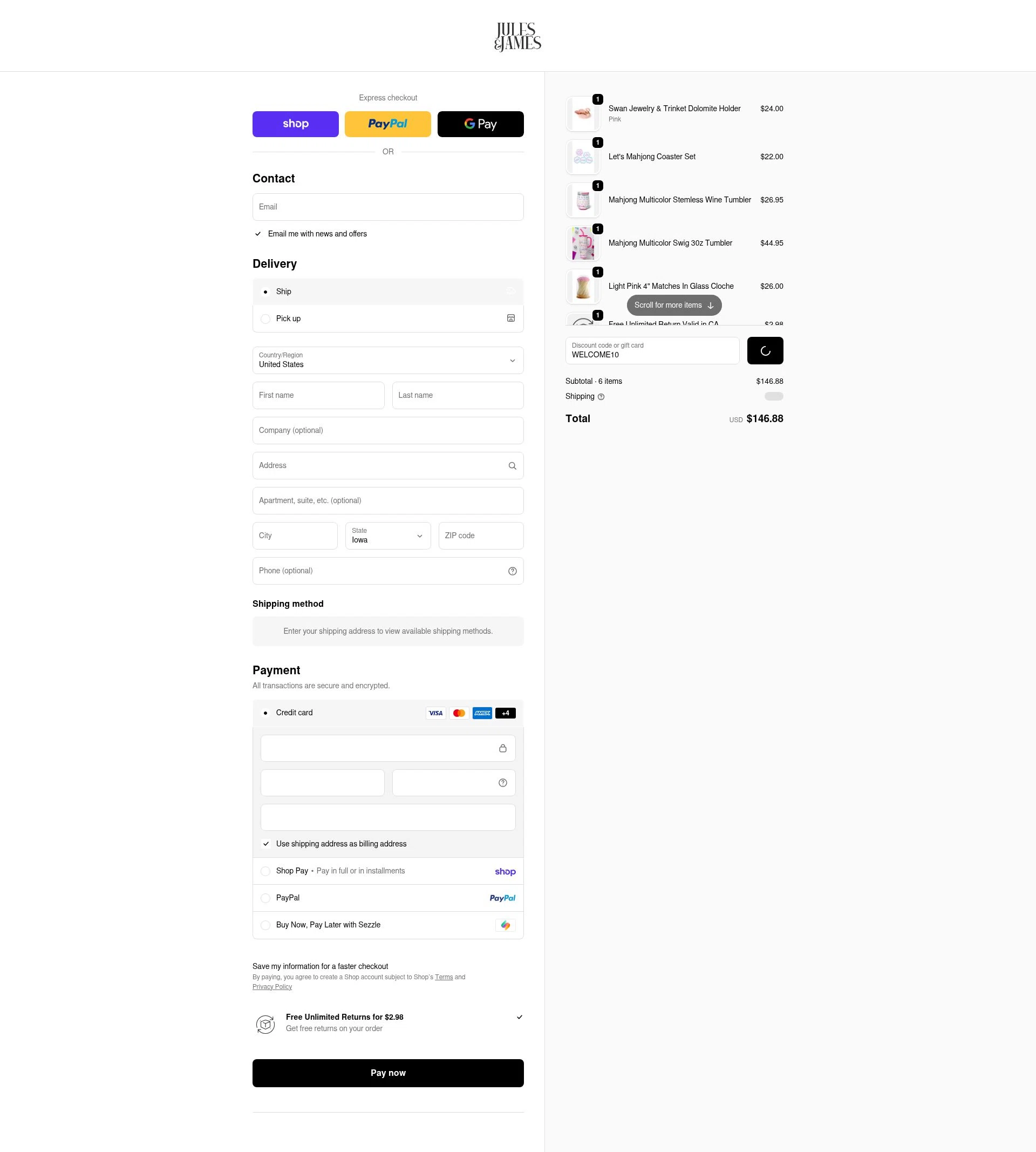 Jules & James checkout page showing Jules & James promo code box | Screenshot taken by SimplyCodes community member on Feb 15, 2026