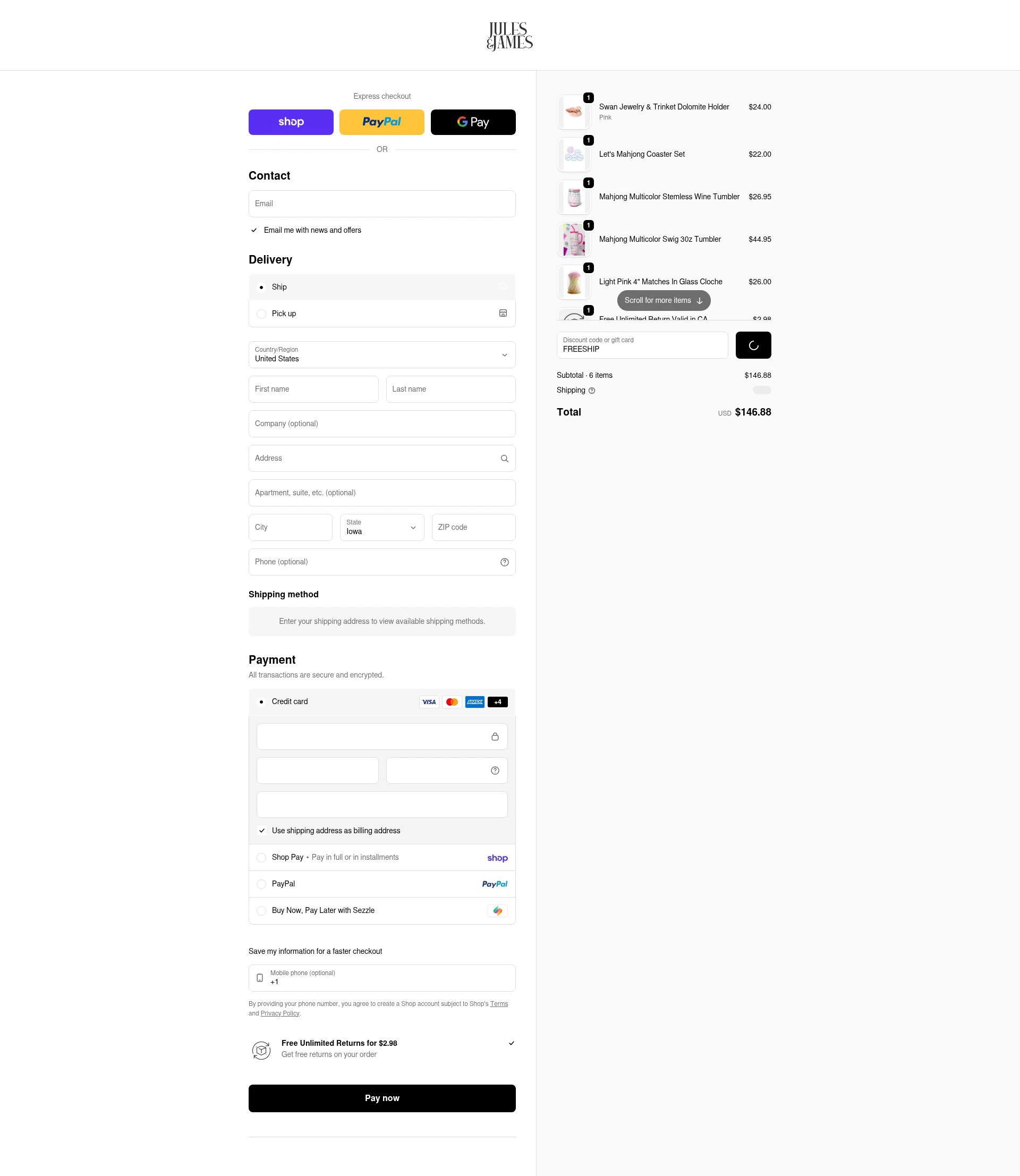 Jules & James checkout page showing Jules & James promo code box | Screenshot taken by SimplyCodes community member on Feb 19, 2026