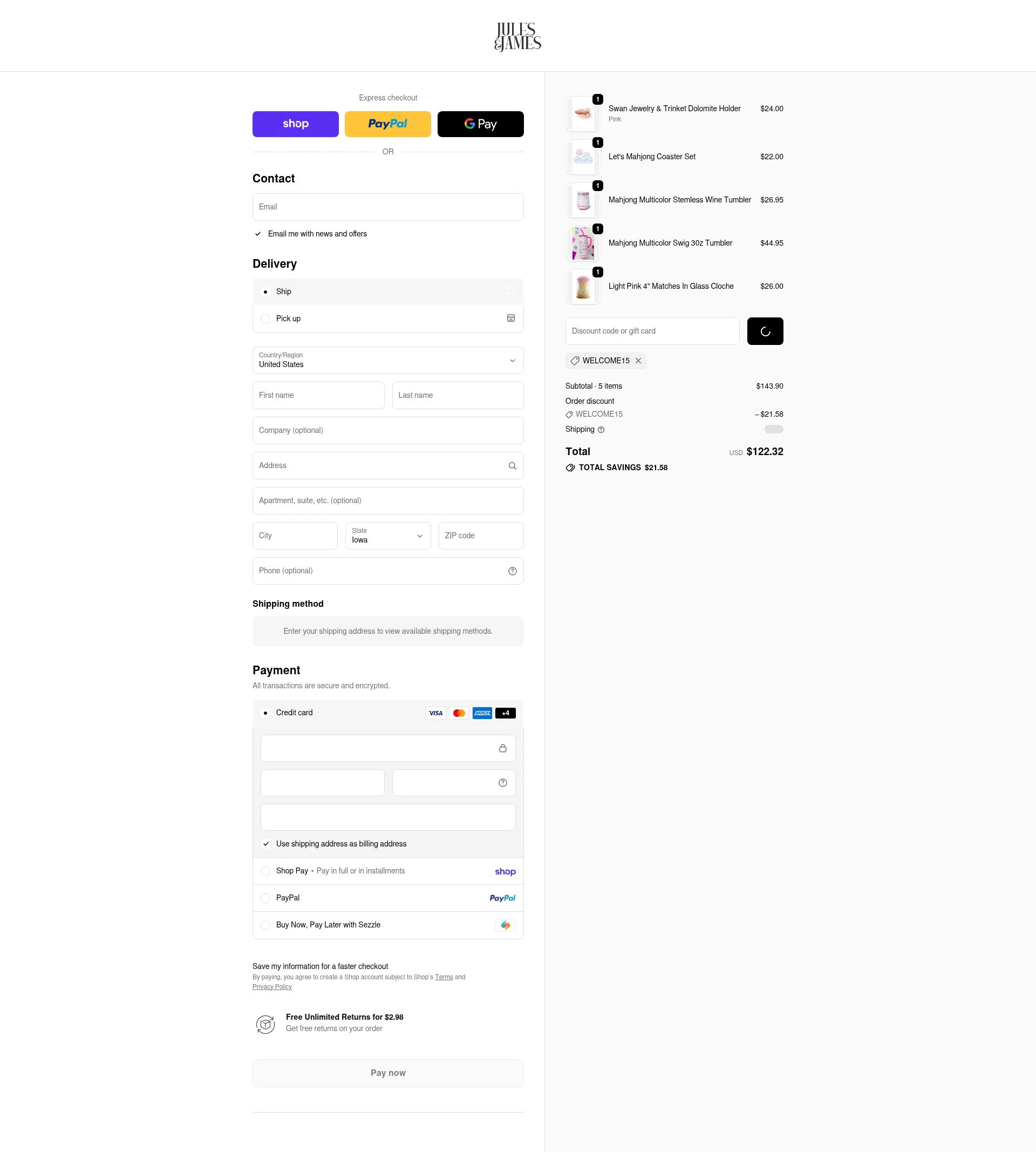 Jules & James checkout page showing Jules & James promo code box | Screenshot taken by SimplyCodes community member on Feb 18, 2026