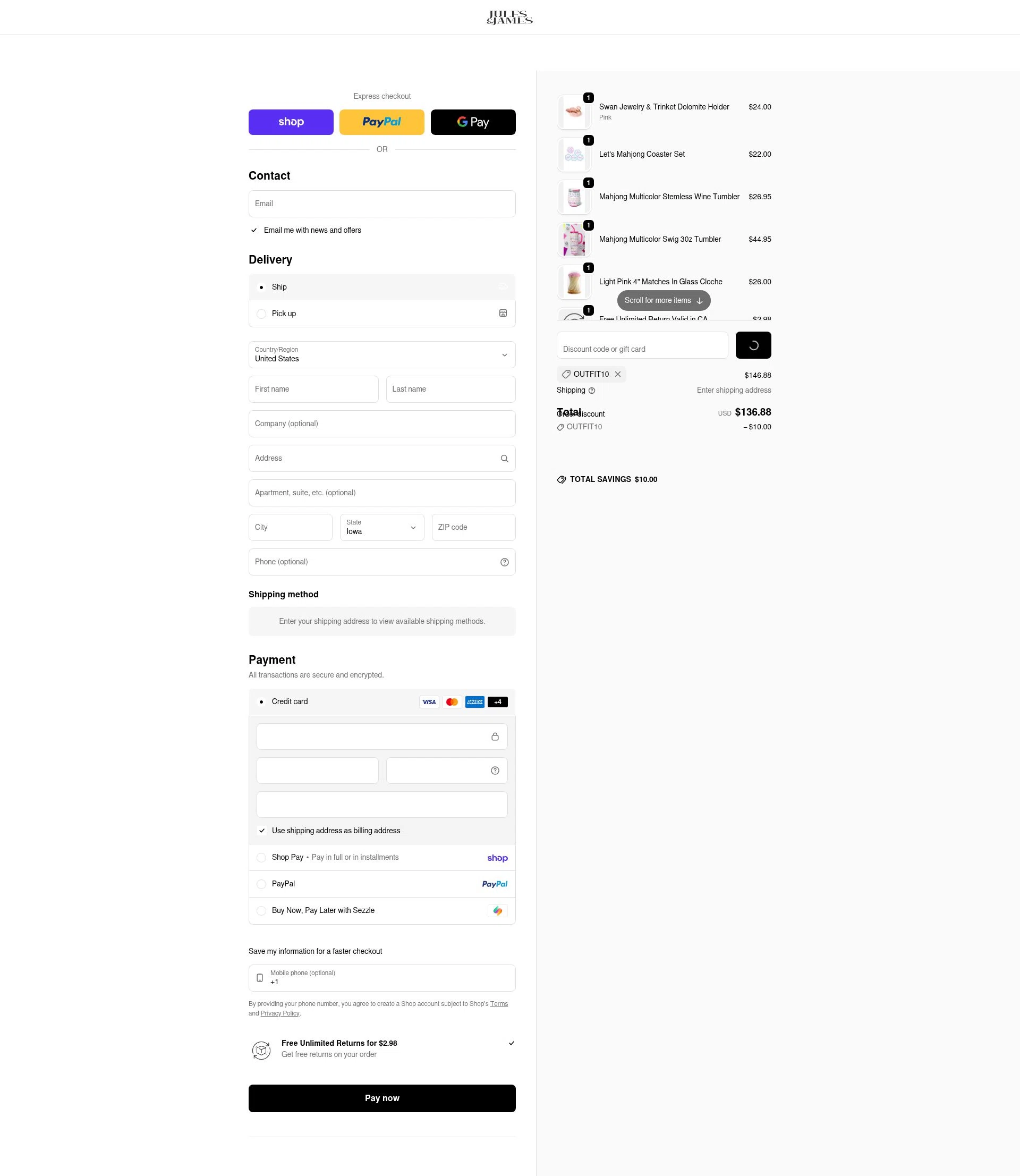 Jules & James checkout page showing Jules & James promo code box | Screenshot taken by SimplyCodes community member on Feb 19, 2026