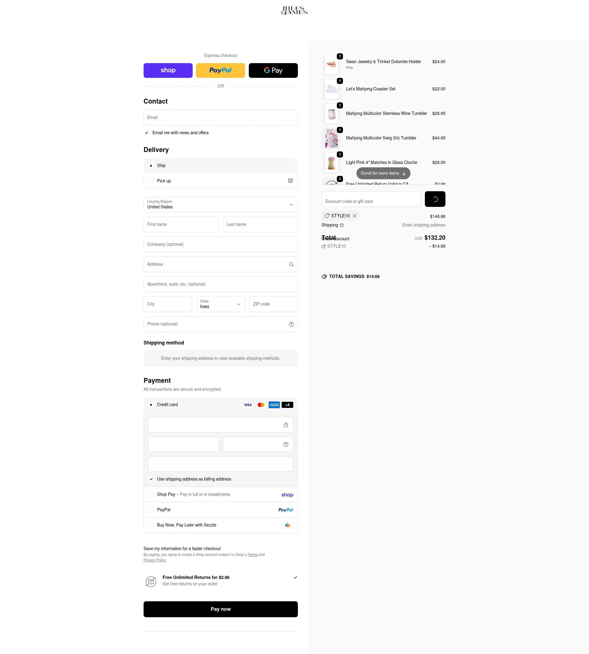 Jules & James checkout page showing Jules & James promo code box | Screenshot taken by SimplyCodes community member on Feb 15, 2026