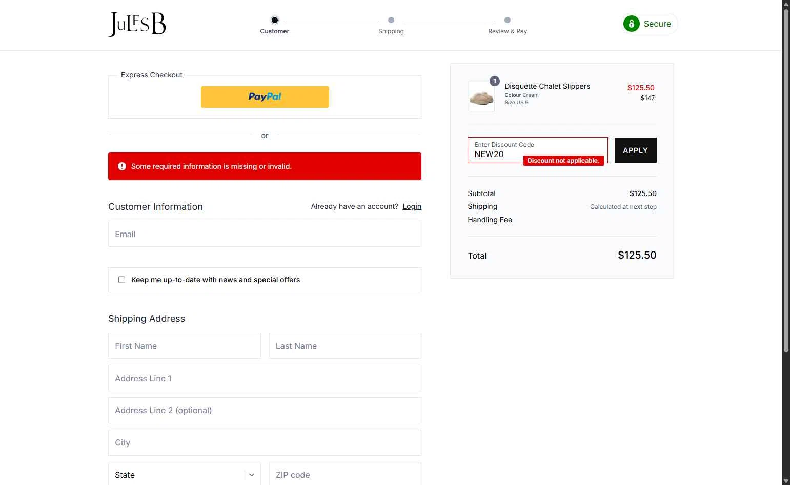 Jules B checkout page showing Jules B promo code box | Screenshot taken by SimplyCodes community member on Nov 30, 2025