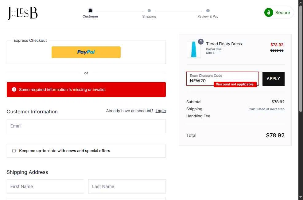 Jules B checkout page showing Jules B promo code box | Screenshot taken by SimplyCodes community member on Oct 3, 2025