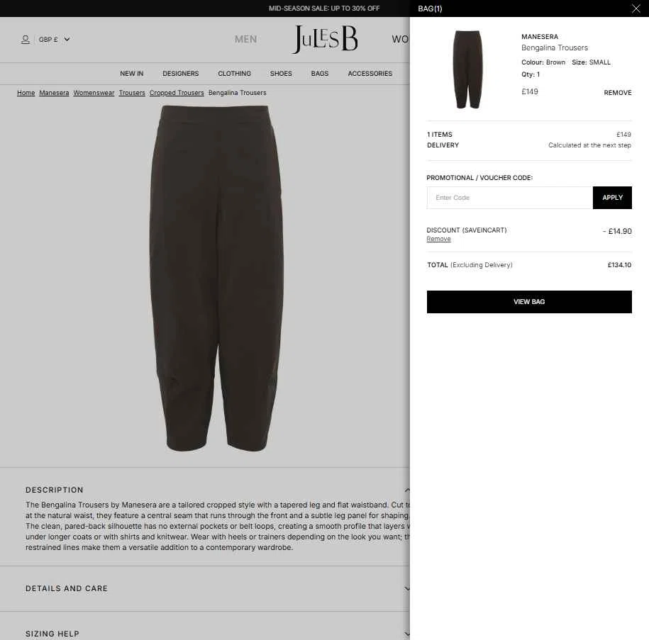 Jules B checkout page showing Jules B promo code box | Screenshot taken by SimplyCodes community member on Oct 7, 2025