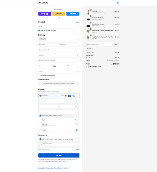Jules Kae checkout page showing Jules Kae promo code box | Screenshot taken by SimplyCodes community member on Aug 15, 2025