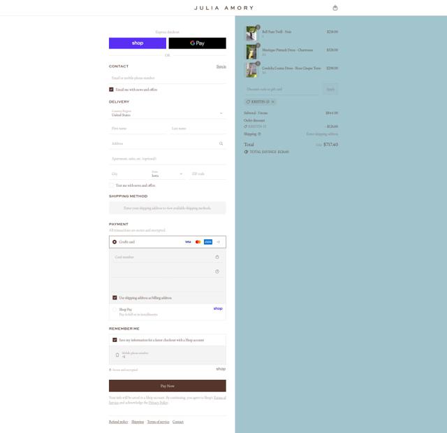 Julia Amory checkout page showing Julia Amory discount code box | Screenshot taken by SimplyCodes community member on Sep 12, 2025