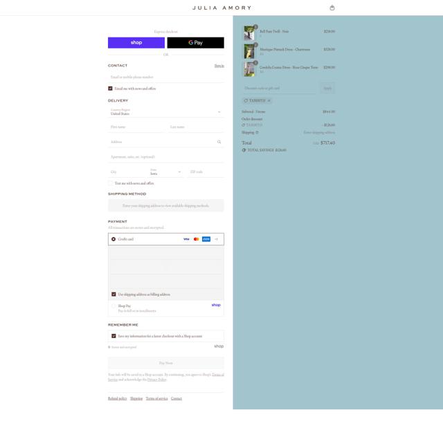 Julia Amory checkout page showing Julia Amory discount code box | Screenshot taken by SimplyCodes community member on Sep 12, 2025