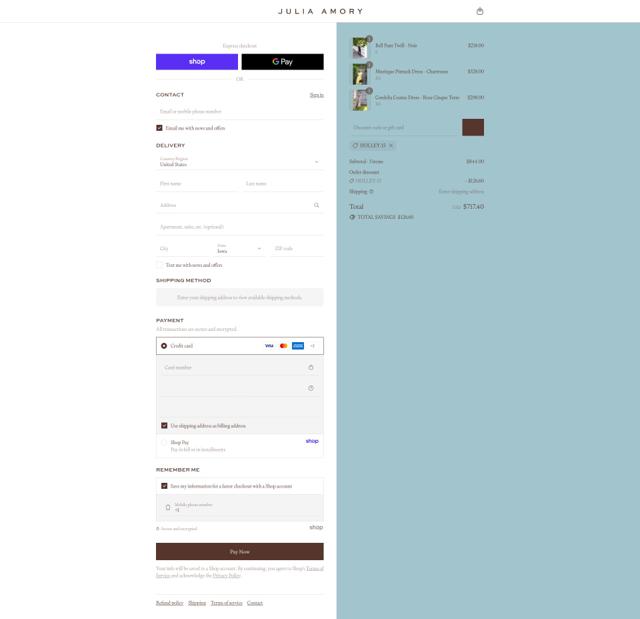 Julia Amory checkout page showing Julia Amory discount code box | Screenshot taken by SimplyCodes community member on Sep 12, 2025